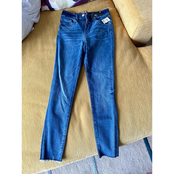 Express High Waisted Medium Wash Raw Hem Skinny Jeans - Picture 1 of 4